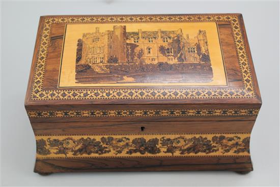 A Tunbridge Ware rosewood Penshurst Place mosaic tea caddy, attributed to Henry Hollamby, 9.5in.